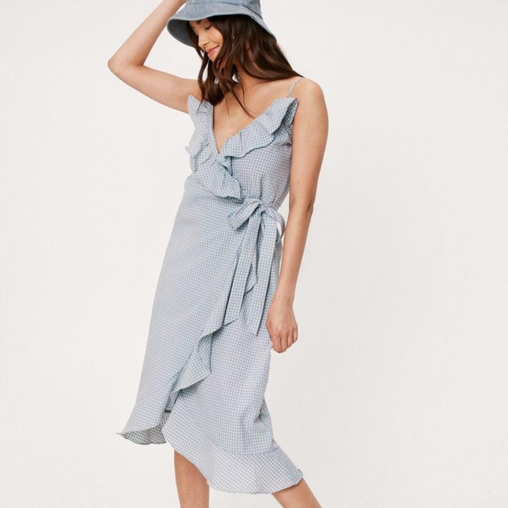 Nasty Gal Gingham Plaid Print Midi Wrap Dress
